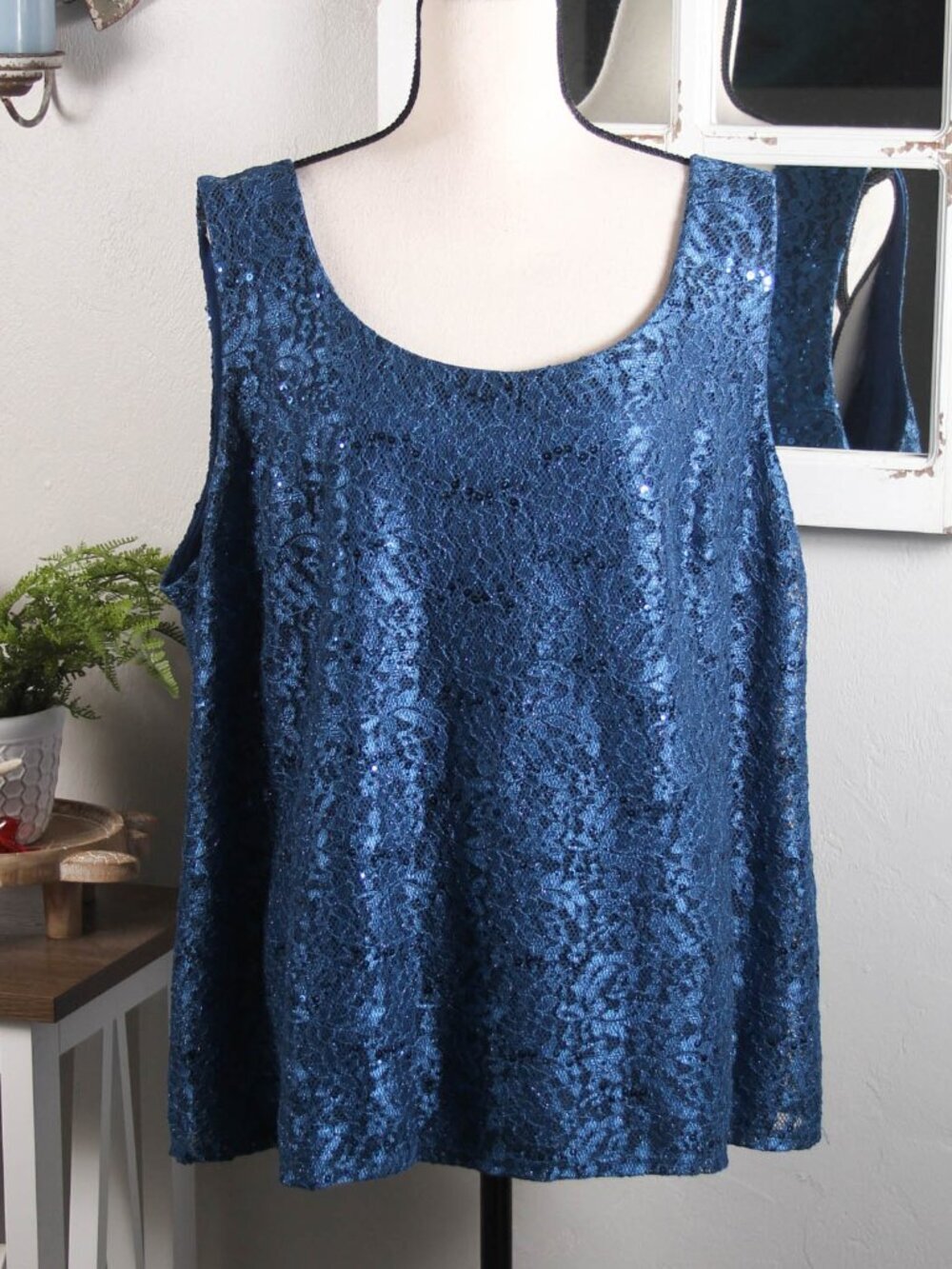 R&M Richards Women 20W Blue Sequin Lace Tank Top Lined Party Plus Size